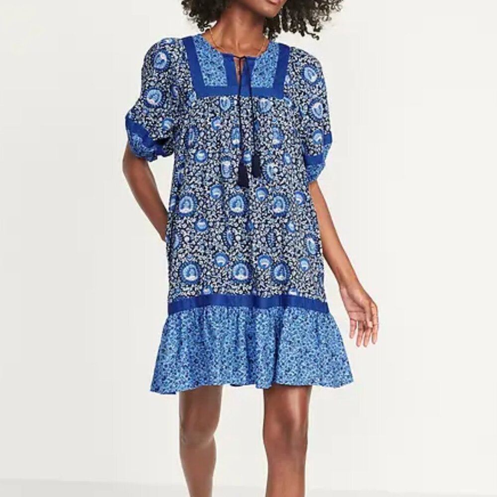 Old Navy Women's Blue Floral Boho‎ Puff-Sleeve Summer Mini Swing Dress Medium - Picture 8 of 9